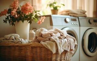 lavandería día caos cesta con sucio ropa cerca Lavado máquina. generativo ai foto