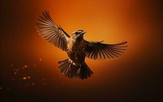 Aerial Journey Brown Bird Flying on Solid Brown Background. Generative Ai photo