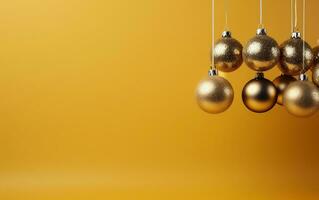 Golden Holiday Glow Christmas Decorations on a Yellow Background. Generative Ai photo