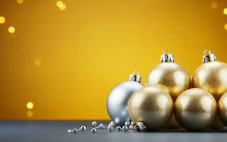 Golden Holiday Glow Christmas Decorations on a Yellow Background. Generative Ai photo