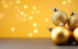 dorado fiesta resplandor Navidad decoraciones en un amarillo antecedentes. generativo ai foto