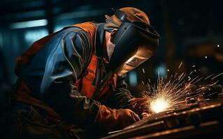 Factory Welder Metal Worker Welding Steel in Manufacturing Plant, Generative Ai photo