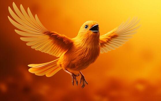Tangerine Aviator Orange Bird Flying on Solid Orange Background. Generative Ai photo