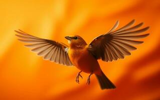 Tangerine Aviator Orange Bird Flying on Solid Orange Background. Generative Ai photo