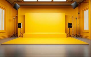 Golden Horizon Perspective Floor Backdrop in a Yellow Room. Generative Ai photo