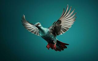 Turquoise Avian Soaring Teal Bird on Solid Teal Background. Generative Ai photo