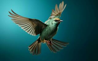 Turquoise Avian Soaring Teal Bird on Solid Teal Background. Generative Ai photo