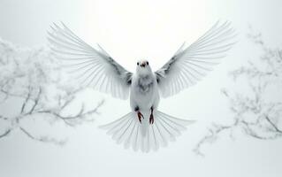 puro vuelo blanco pájaro altísimo en sólido blanco antecedentes. generativo ai foto