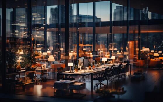 Office Workspace at Dusk, Generative Ai photo