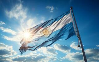 argentino bandera altísimo en el azur cielo, generativo ai foto