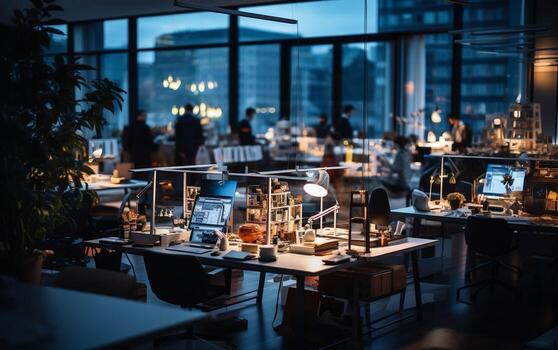 Office Workspace at Dusk, Generative Ai photo
