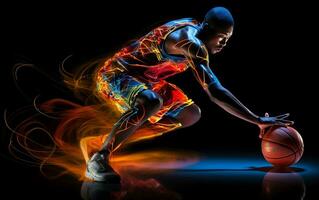 baloncesto jugador en movimiento avaro el pelota, generativo ai foto