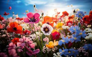 Flower Colorful Fields. Generative Ai photo