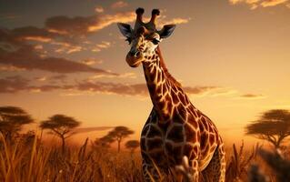 Giraffe's Sunset Sojourn in the Savannah, Generative Ai photo