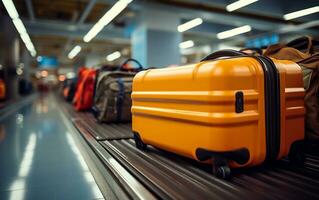 Suitcase on the Luggage Conveyor Belt in Transit, Generative Ai photo