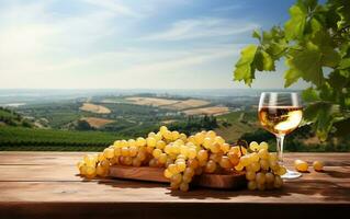 Wooden Table Top with Juice and Grapes, Generative Ai photo