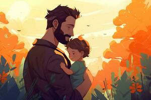 Father's Day Young Father with Child Against Nature Background, Generative Ai photo