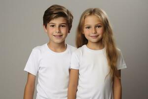 Male and Female Child Models Wearing Blank Empty Garments, Generative Ai photo