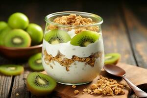 Kiwi Yogurt Granola Parfait with Sliced Nuts and Fruits, Generative Ai photo