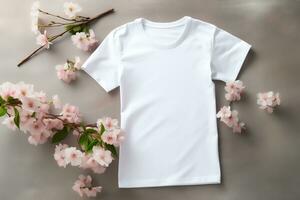 Spring Flowers White T-Shirt Mockup Template, Generative Ai photo