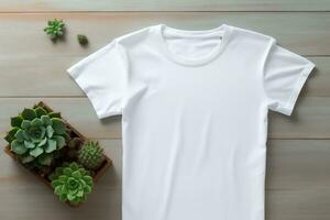 White TShirt Mockup Template with Succulents Fashion Showcase, Generative Ai photo