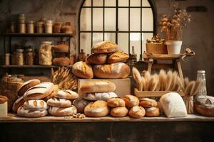 Soft Hues of the Bread and Bakery Products in the Display, Generative Ai photo