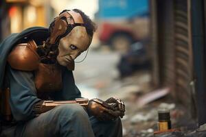 Sad Depressed Metal Robot Person Crying Generative AI photo