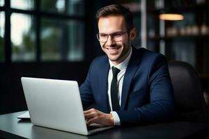 Smiling Man in Suit Typing with Laptop, Generative AI photo