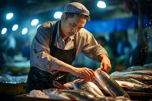 Fishmonger Handling Fish at Market, Generative AI photo