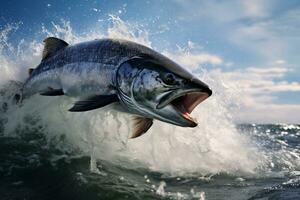 foto de un 40 libras chinook salmón pescado saltando, generativo ai