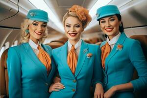 Group of Four Flight Attendants Posing for a Photo in Aircraft, Generative AI