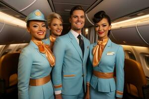 Group of Four Flight Attendants Posing for a Photo in Aircraft, Generative AI