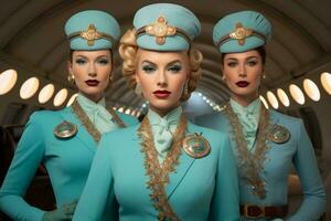 Group of Four Flight Attendants Posing for a Photo in Aircraft, Generative AI