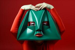 Woman Holding Red Shaped Bag Over Her Head Generative AI photo