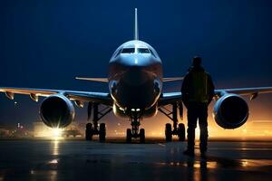 Nighttime Worker Standing Behind Jet Airplane Generative AI photo