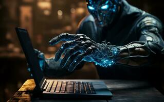 Robot Operating Laptop with Hand Inscription. Generative AI photo