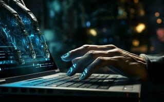 Robot Operating Laptop with Hand Inscription. Generative AI photo
