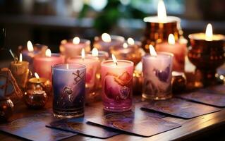 Soft hued Candles and Tarot Cards Resting on the Table. Generative AI photo