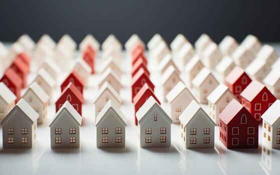 Cluster of Miniature White Houses with a Single Red One. Generative AI photo