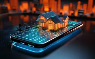 Futuristic Phone with House Icon on Background. Generative AI photo