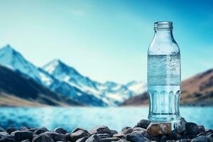 cristal agua siendo vertido dentro un vaso y botella, generativo ai foto