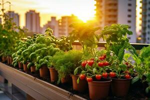 Urban Garden on an Eco-Friendly Balcony Featuring Rosemary, Generative Ai photo