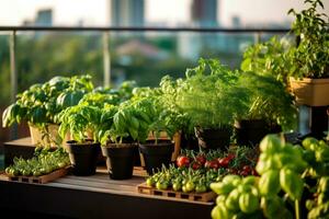 Urban Garden on an Eco-Friendly Balcony Featuring Rosemary, Generative Ai photo