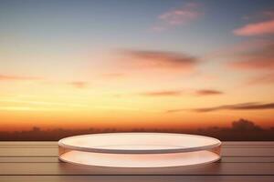 Round Glass Table Amidst the Beauty of a Sunset Sky, Generative Ai photo