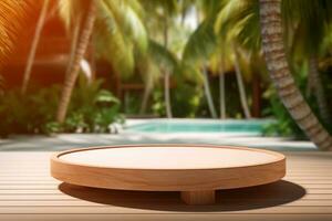 Vacant Circular Wooden Podium at a Serene Tropical Spa Resort, Generative Ai photo