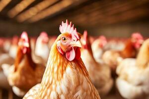 tendido gallinas en un borroso aves de corral granja interior fondo, generativo ai foto