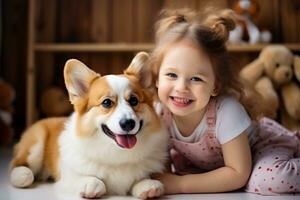 Young Girl Sharing Laughter with a Corgi Dog in a Playful Scene, Generative Ai photo