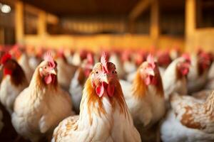 tendido gallinas en un borroso aves de corral granja interior fondo, generativo ai foto