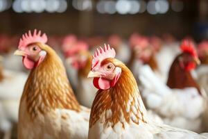 tendido gallinas en un borroso aves de corral granja interior fondo, generativo ai foto