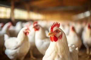 tendido gallinas en un borroso aves de corral granja interior fondo, generativo ai foto